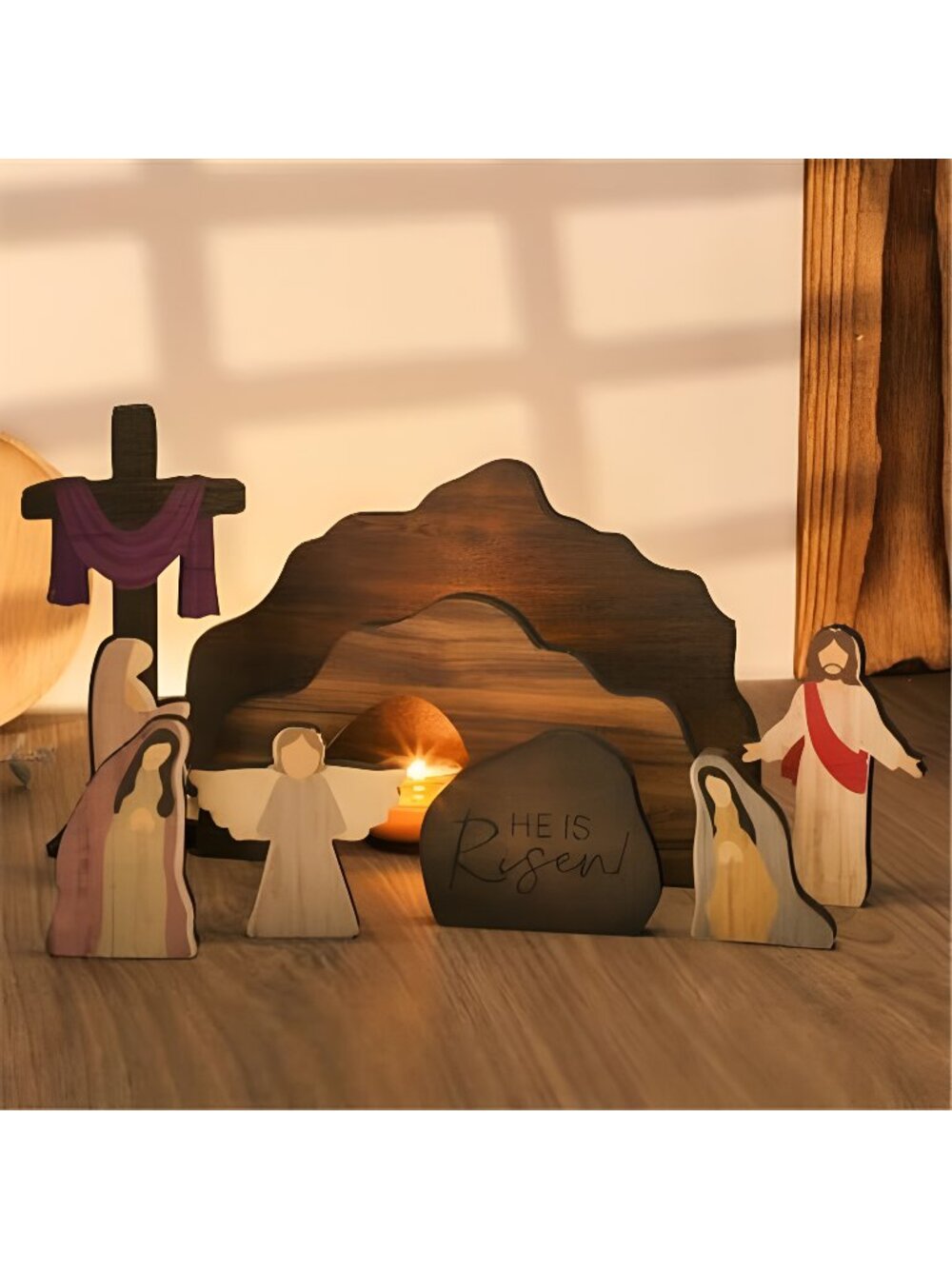 Empty Tomb Easter Scene and Cross Decoration, 9 PCS Wooden Easter Resurrection